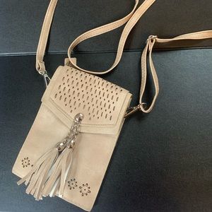 Tan suede phone holder crossbody